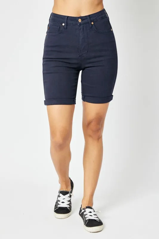 Judy Blue Full Size High Waist Tummy Control Bermuda Shorts - Dark Blue / S