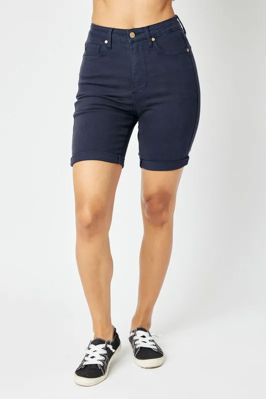 Judy Blue Full Size High Waist Tummy Control Bermuda Shorts - Dark Blue / S
