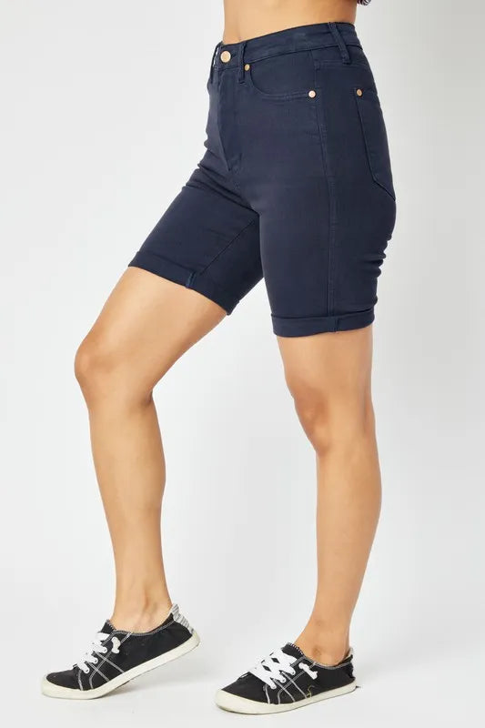 Judy Blue Full Size High Waist Tummy Control Bermuda Shorts - Dark Blue / S