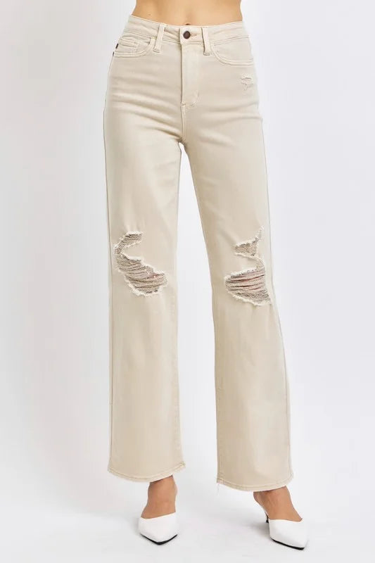 Judy Blue Full Size High Waist Distressed Wide Leg Jeans - Beige / 0(24)