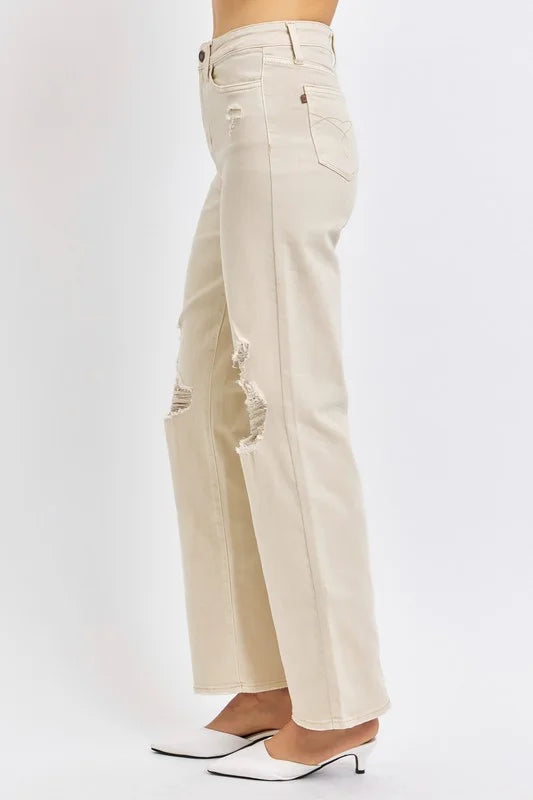 Judy Blue Full Size High Waist Distressed Wide Leg Jeans - Beige / 0(24)