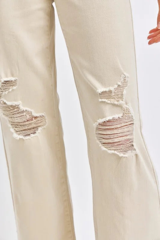 Judy Blue Full Size High Waist Distressed Wide Leg Jeans - Beige / 0(24)
