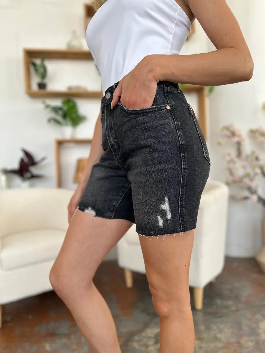 Judy Blue Full Size High Waist Rigid Magic Denim Shorts - Black / S