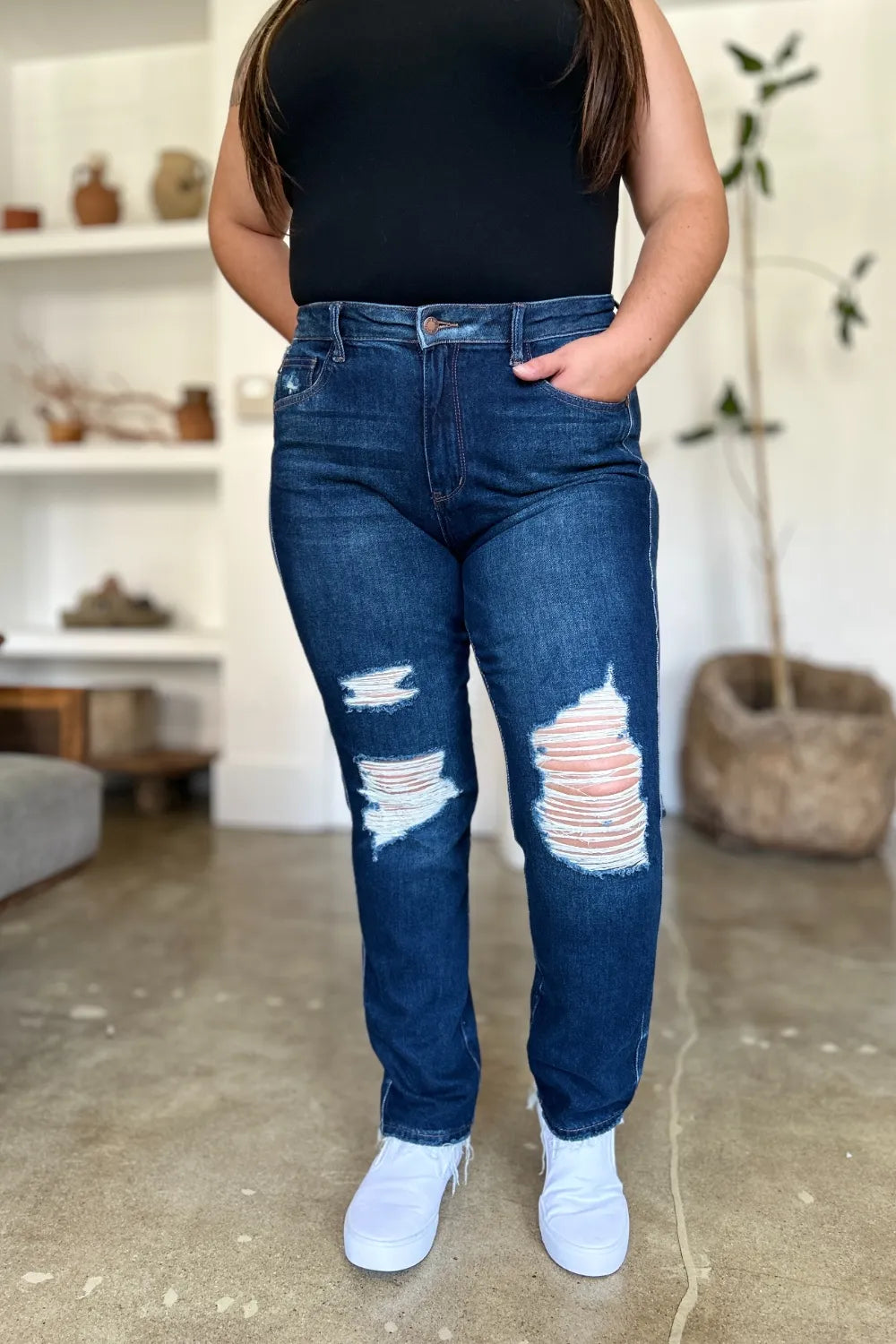 Judy Blue High Waist Rigid Magic Heavy Destroy Straight Jeans - Dark / 0/24