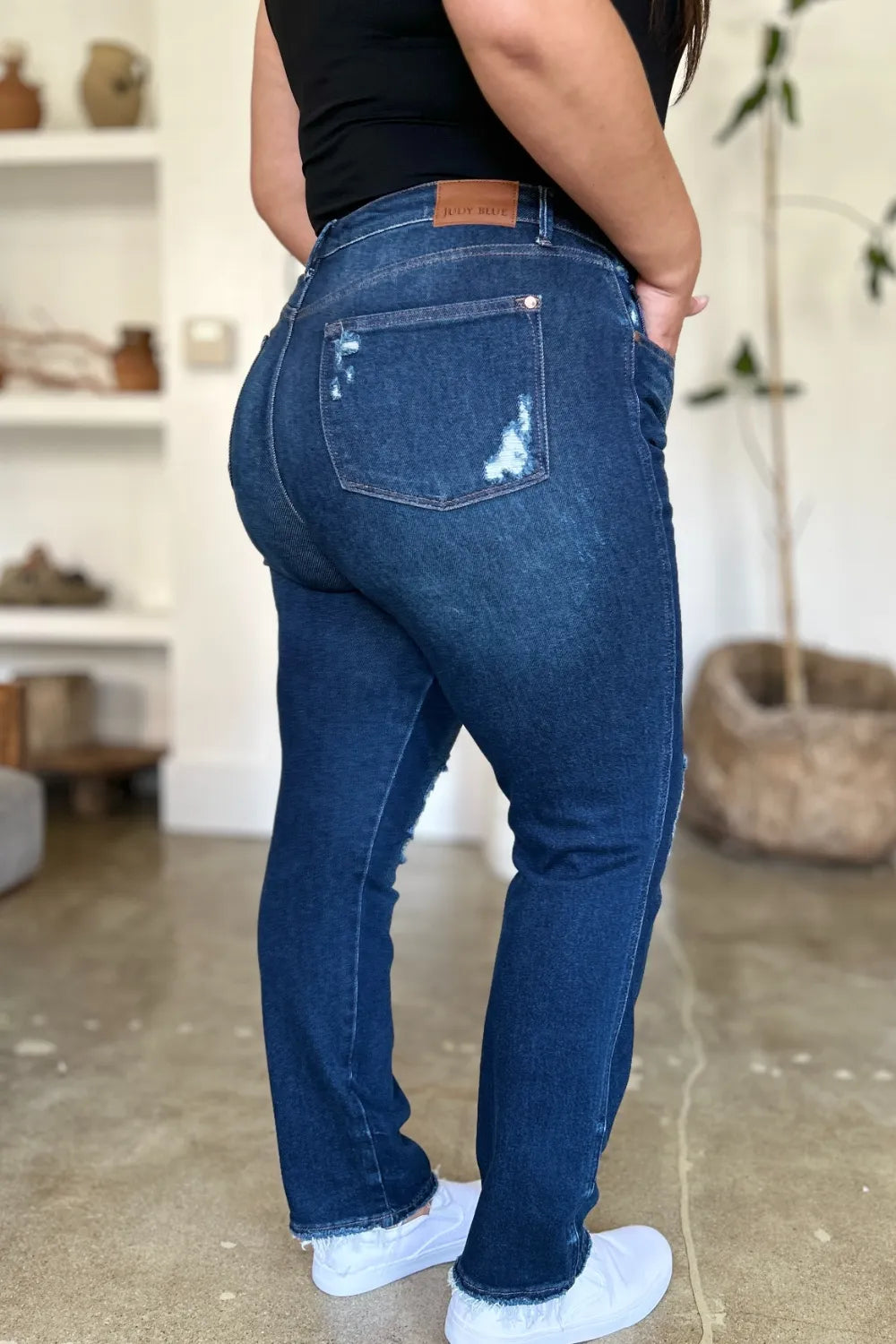 Judy Blue High Waist Rigid Magic Heavy Destroy Straight Jeans - Dark / 0/24