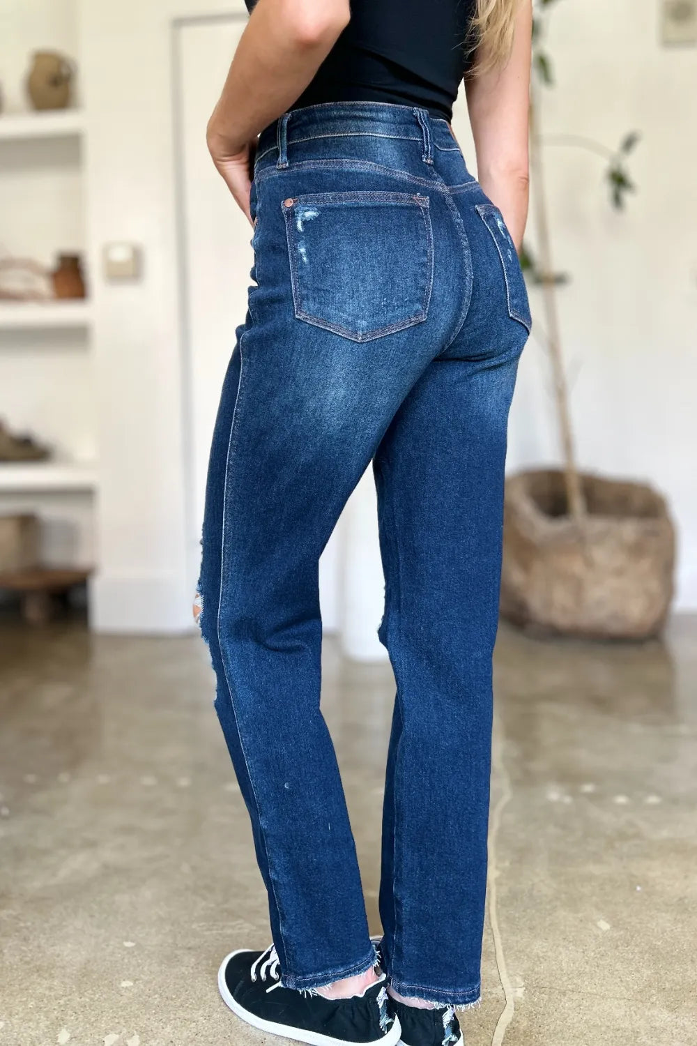 Judy Blue High Waist Rigid Magic Heavy Destroy Straight Jeans - Dark / 0/24