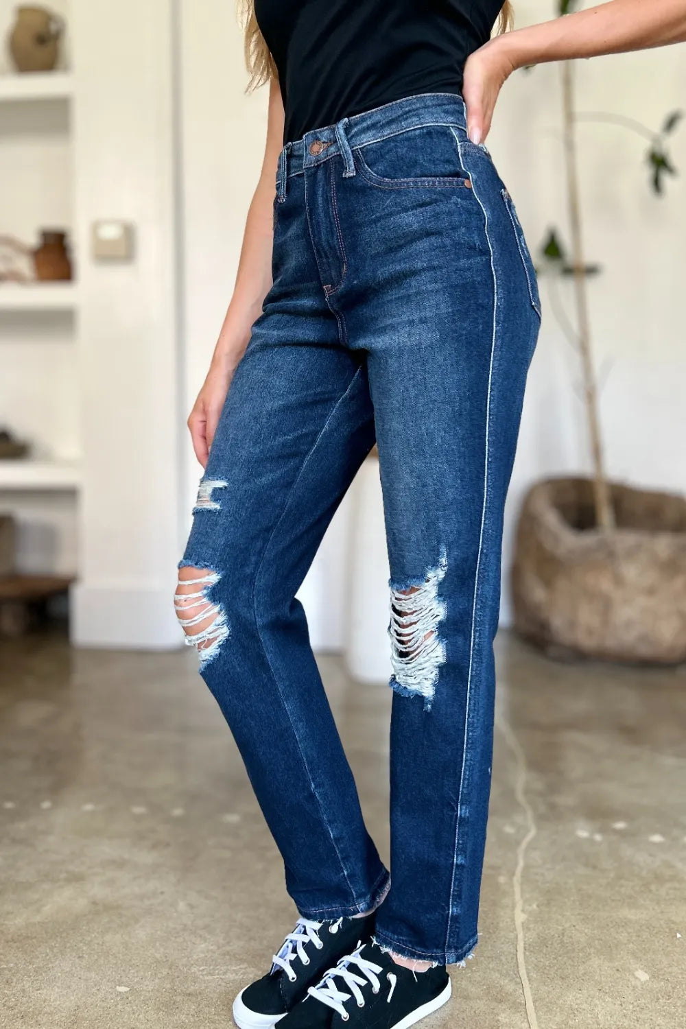 Judy Blue High Waist Rigid Magic Heavy Destroy Straight Jeans - Dark / 0/24