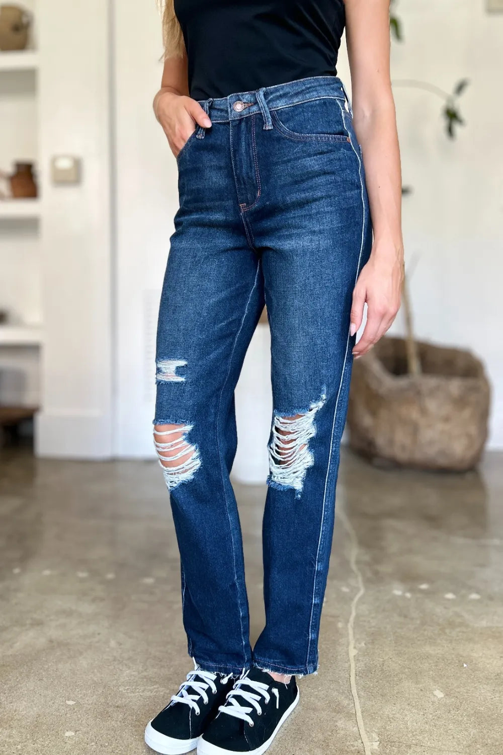 Judy Blue High Waist Rigid Magic Heavy Destroy Straight Jeans - Dark / 0/24