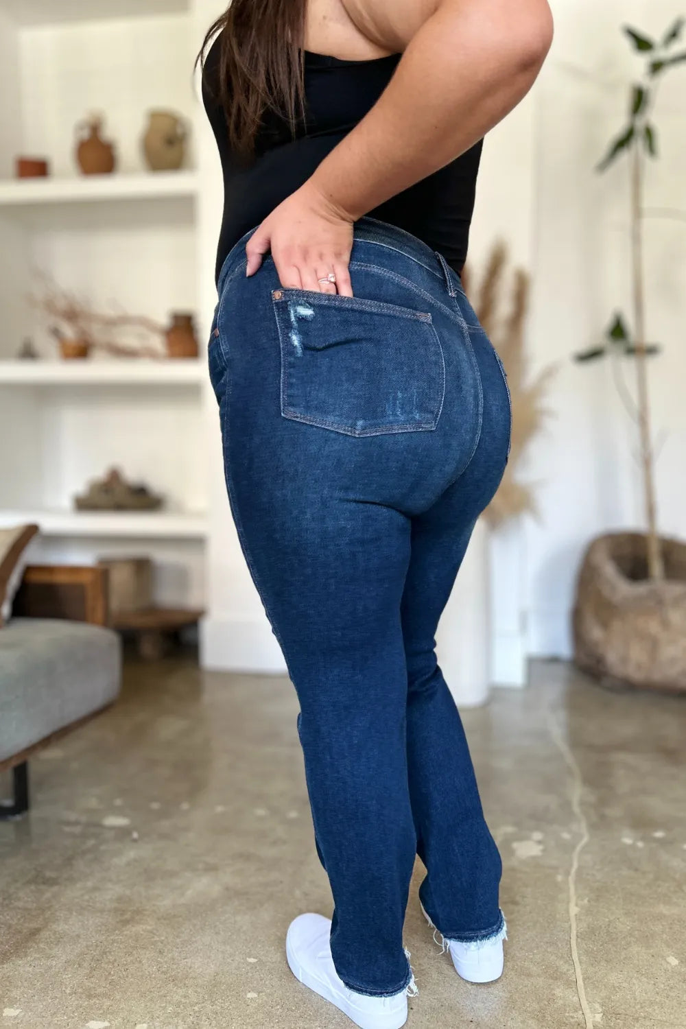 Judy Blue High Waist Rigid Magic Heavy Destroy Straight Jeans - Dark / 0/24
