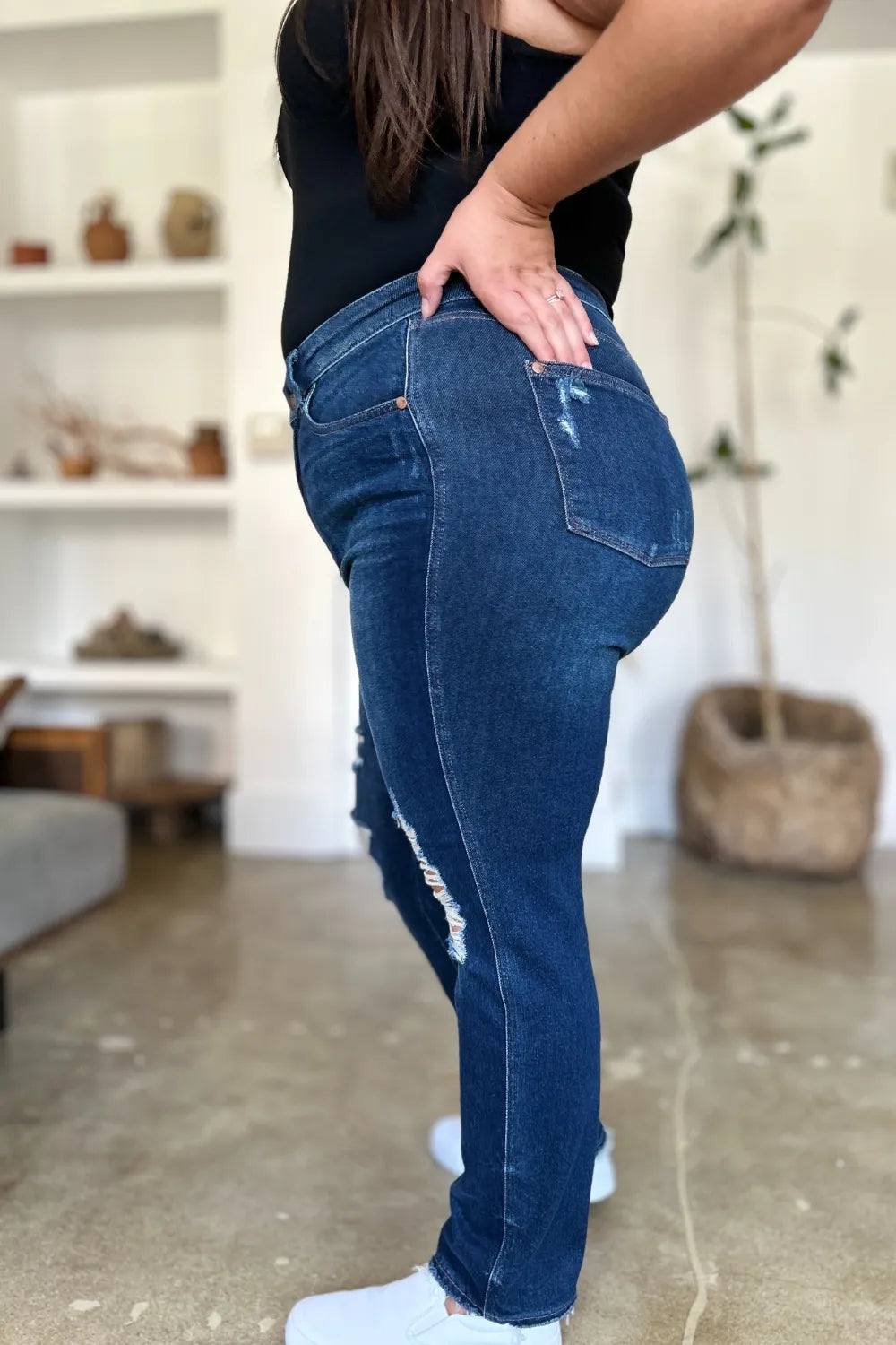 Judy Blue High Waist Rigid Magic Heavy Destroy Straight Jeans - Dark / 0/24