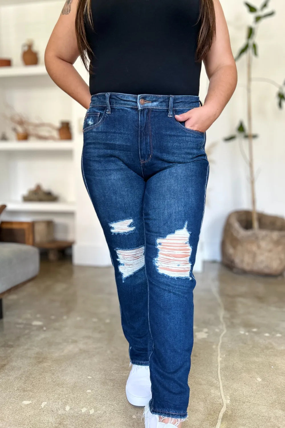Judy Blue High Waist Rigid Magic Heavy Destroy Straight Jeans - Dark / 0/24