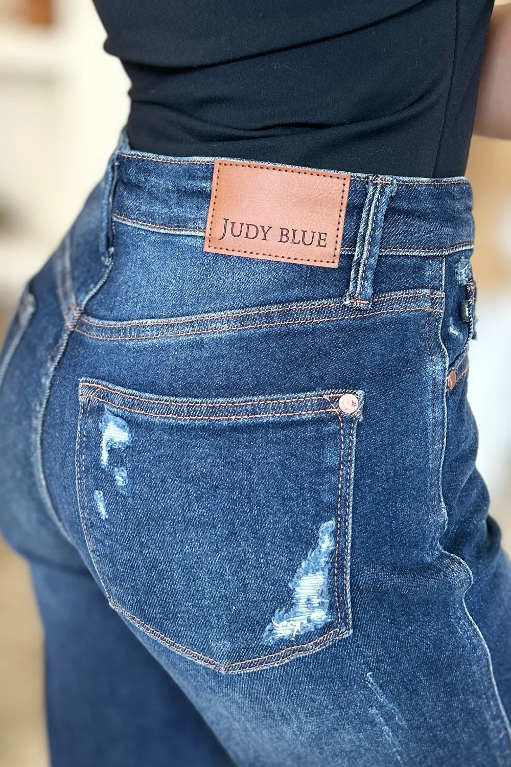Judy Blue High Waist Rigid Magic Heavy Destroy Straight Jeans - Dark / 0/24