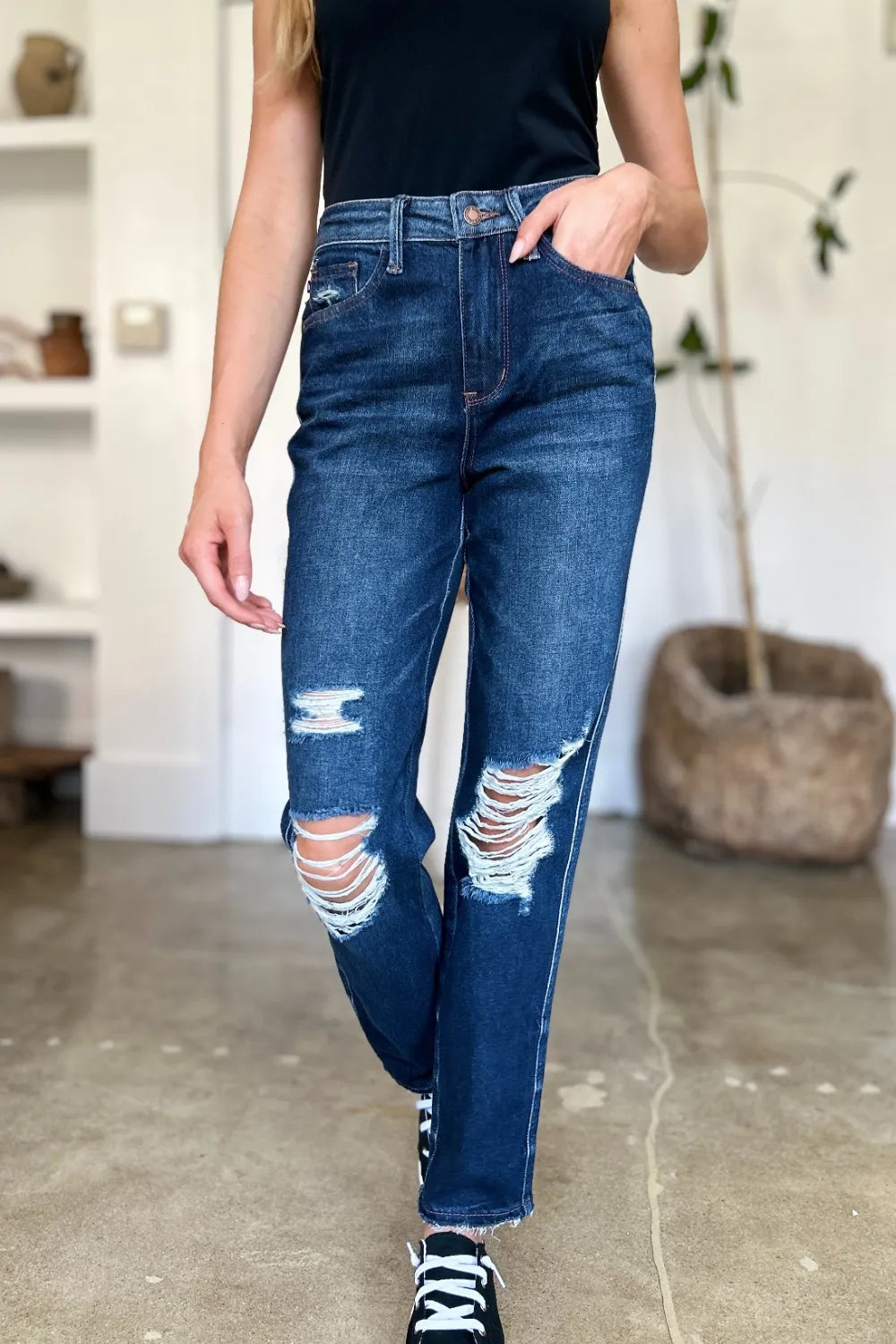 Judy Blue High Waist Rigid Magic Heavy Destroy Straight Jeans - Dark / 0/24