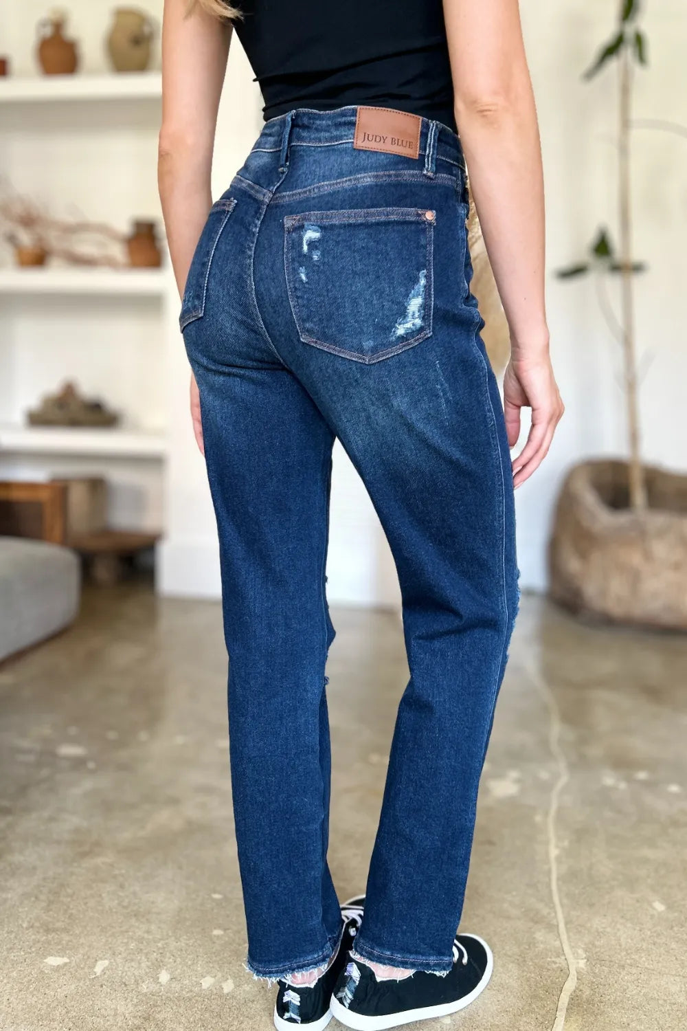 Judy Blue High Waist Rigid Magic Heavy Destroy Straight Jeans - Dark / 0/24