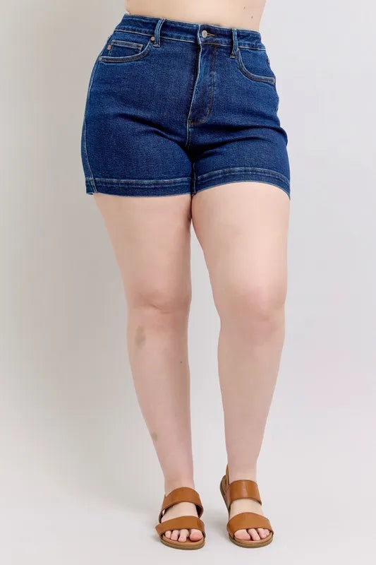 Judy Blue Full Size High Waist Tummy Control Denim Shorts Plus Size - DK / S