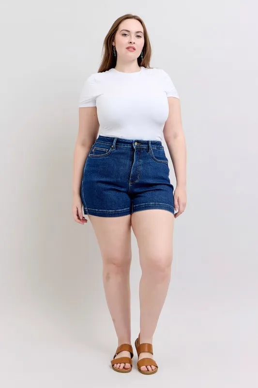 Judy Blue Full Size High Waist Tummy Control Denim Shorts Plus Size - DK / S