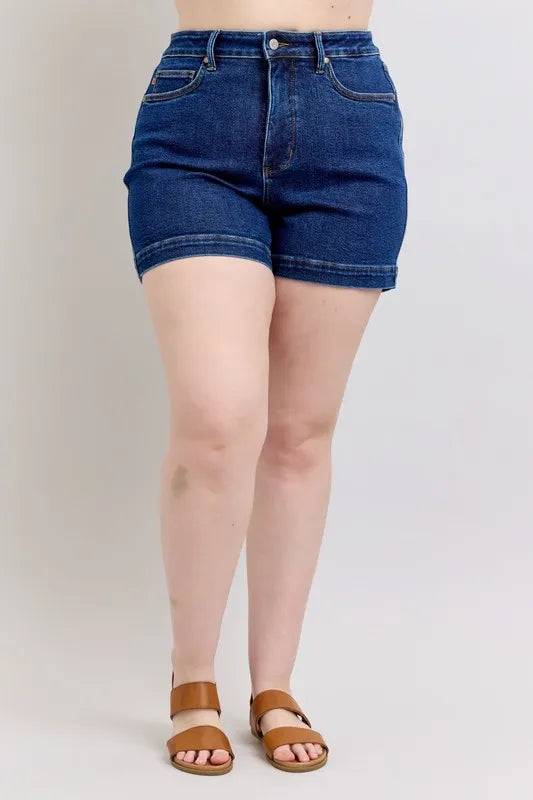 Judy Blue Full Size High Waist Tummy Control Denim Shorts Plus Size - DK / S