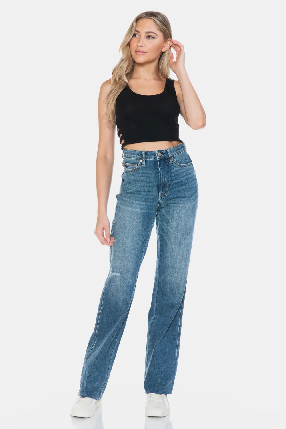 Judy Blue Full Size Tummy Control Cut Raw Hem Straight Jeans - Medium / 0/24