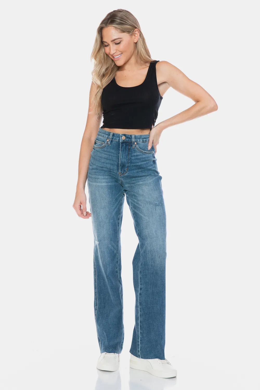 Judy Blue Full Size Tummy Control Cut Raw Hem Straight Jeans - Medium / 0/24