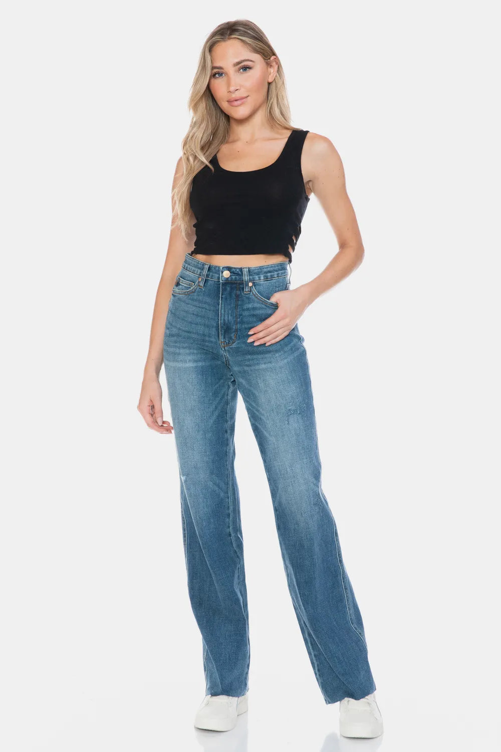 Judy Blue Full Size Tummy Control Cut Raw Hem Straight Jeans - Medium / 0/24