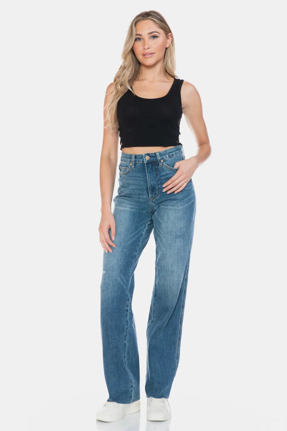 Judy Blue Full Size Tummy Control Cut Raw Hem Straight Jeans - Medium / 0/24