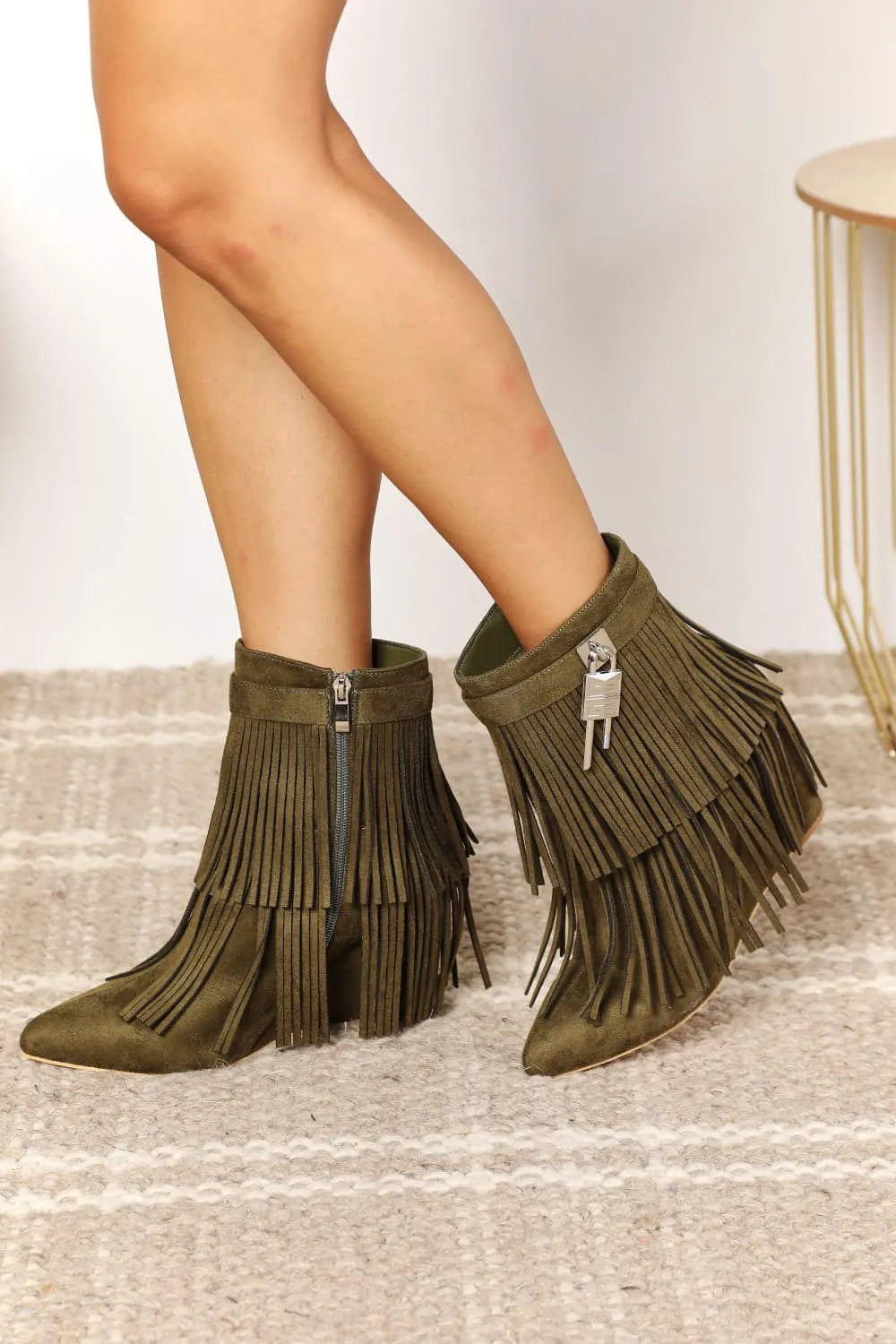 Legend Women's Tassel Wedge Heel Ankle Booties - Olive / 6