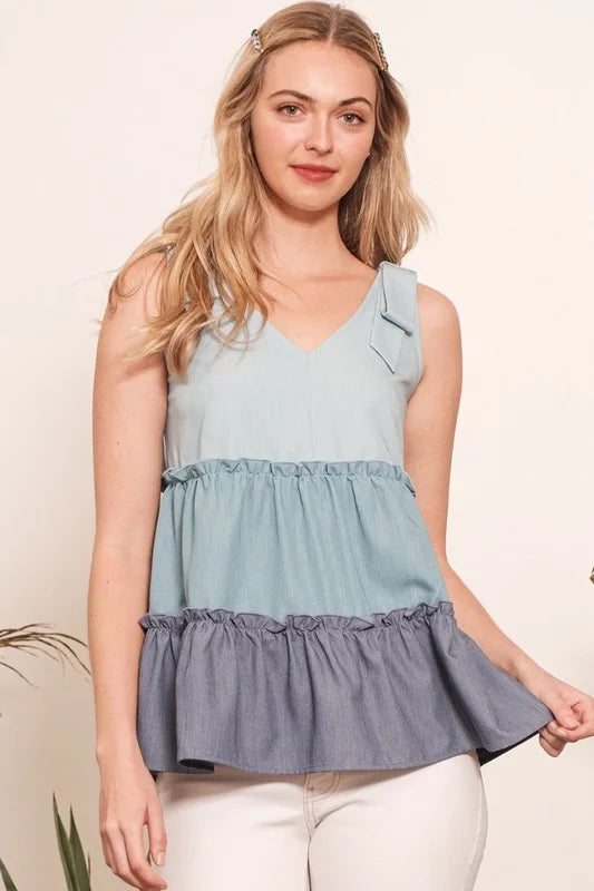 Lime 'N' Chili Full Size Color Block V-Neck Baby Doll Sleeveless Top Plus Size - DENIM COMBO / S