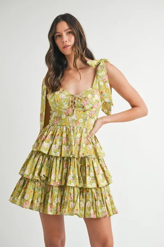 MABLE Floral Print Shoulder Tie Layered Mini Dress - Kiwi / S