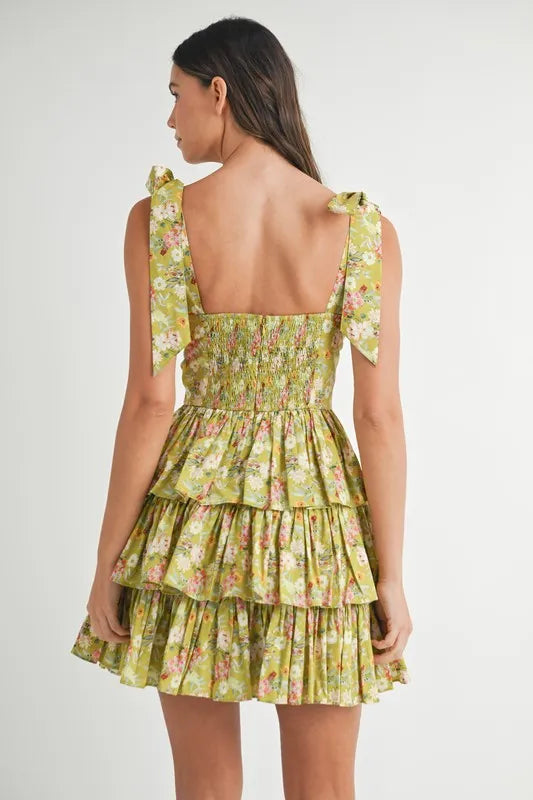 MABLE Floral Print Shoulder Tie Layered Mini Dress - Kiwi / S