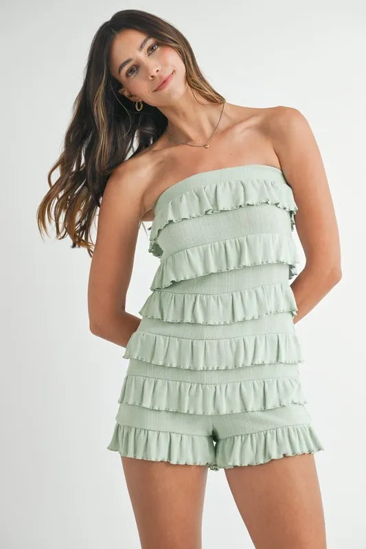 MABLE Pointelle Knit Fabric Ruffled Tube Romper - Sage / S