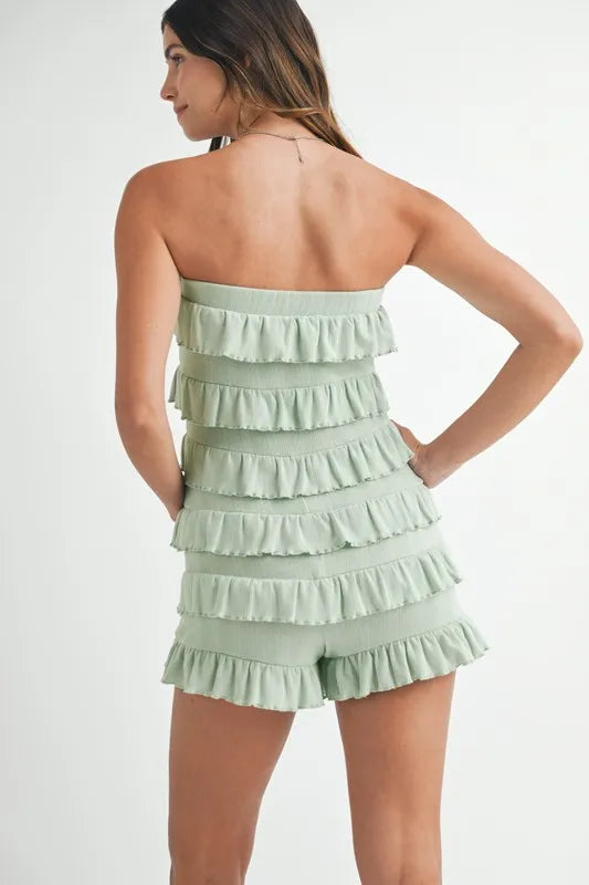 MABLE Pointelle Knit Fabric Ruffled Tube Romper - Sage / S