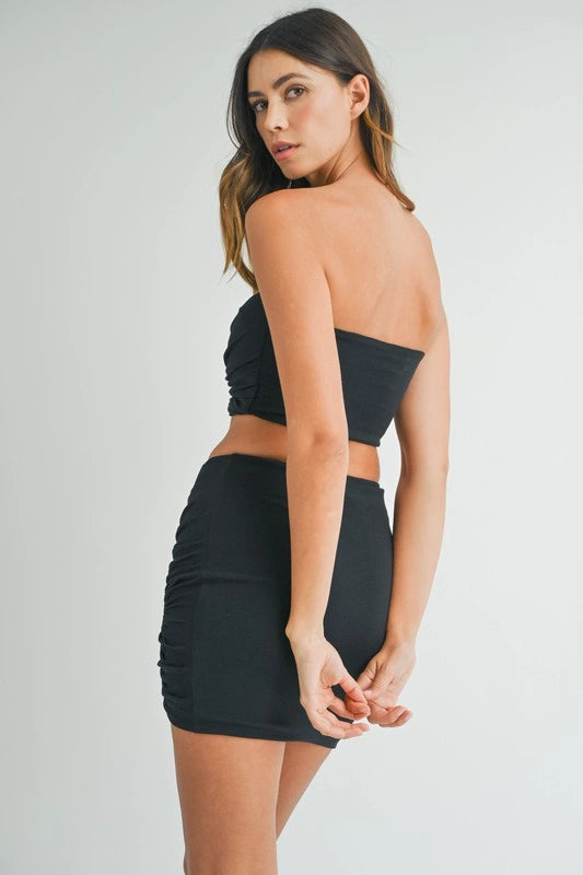 MABLE Ruched Tube Crop Top and Skirt Set - Black / S