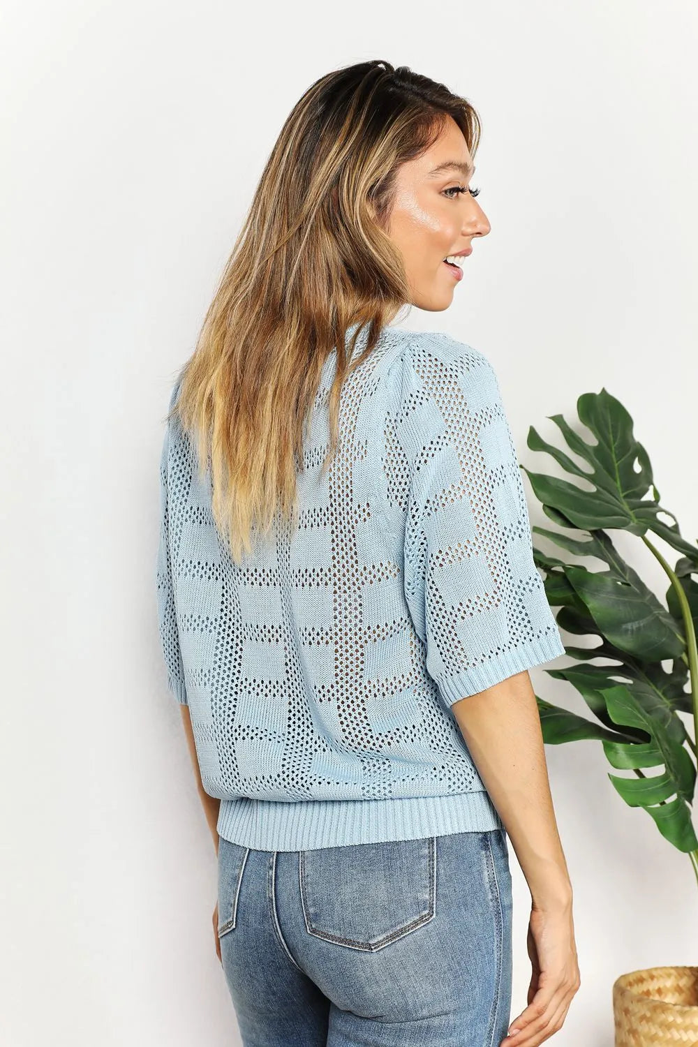 Mandy Ribbed Trim Round Neck Knit Top - Light Blue / S
