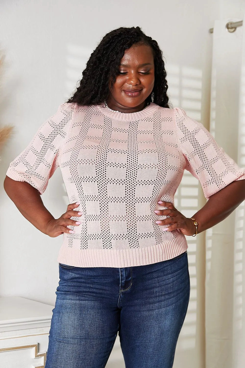 Mandy Ribbed Trim Round Neck Knit Top - Light Blue / S