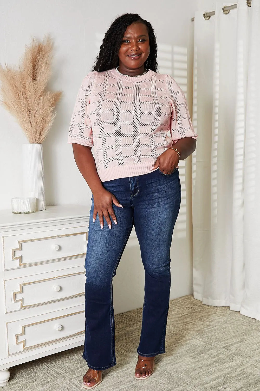 Mandy Ribbed Trim Round Neck Knit Top - Light Blue / S