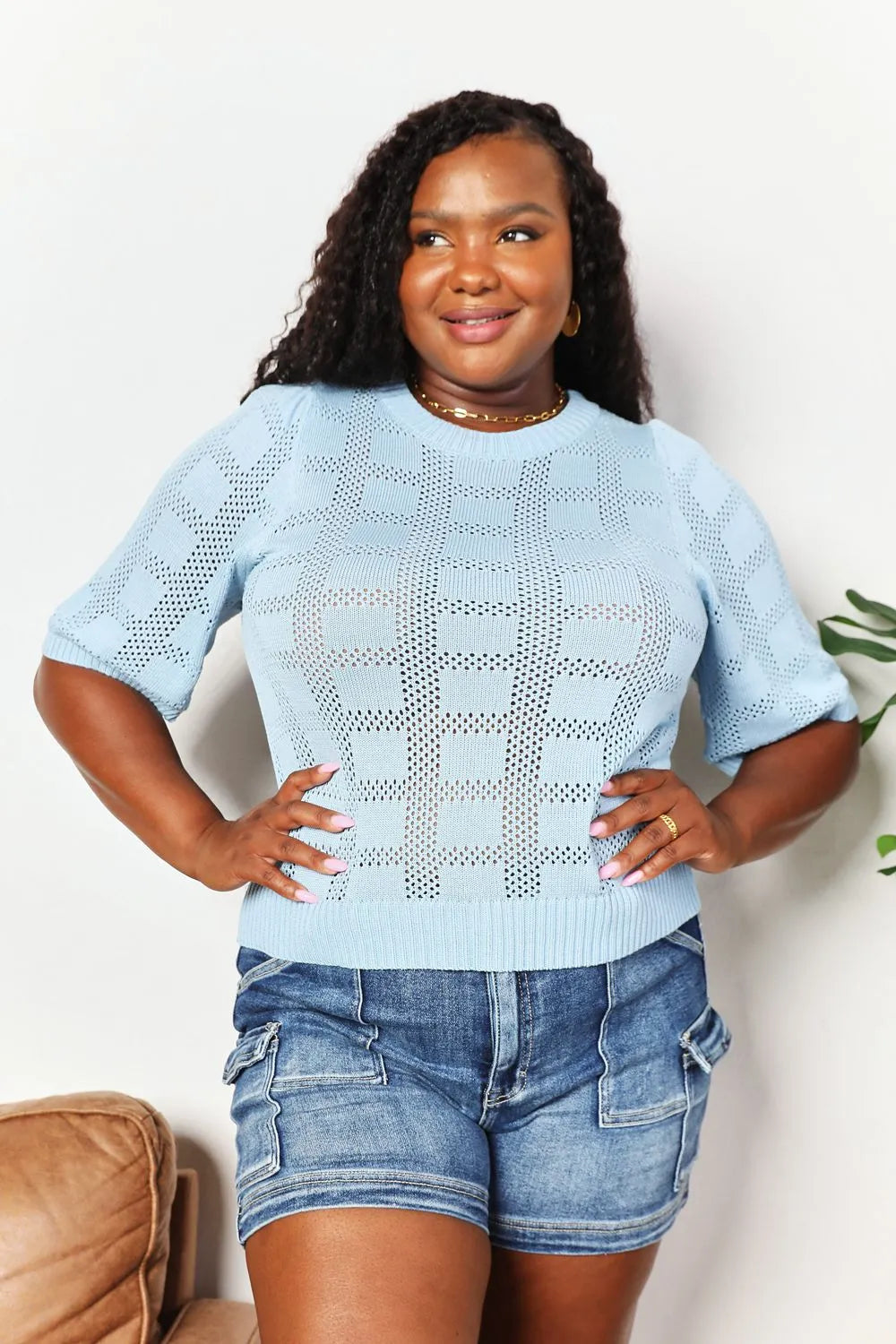 Mandy Ribbed Trim Round Neck Knit Top - Light Blue / S