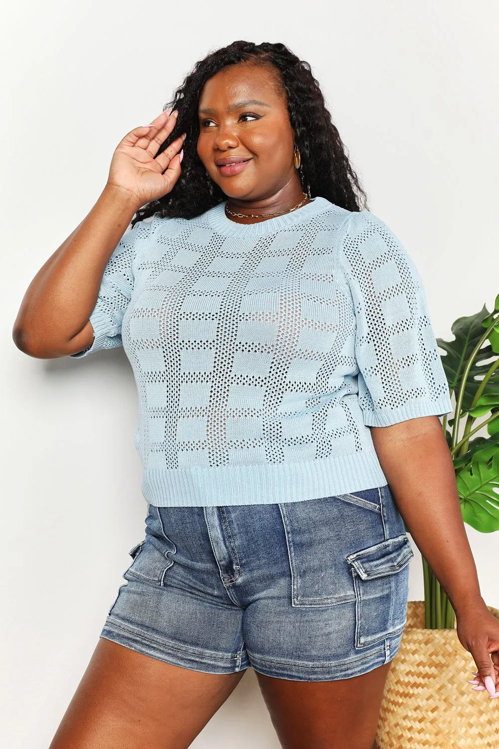 Mandy Ribbed Trim Round Neck Knit Top - Light Blue / S