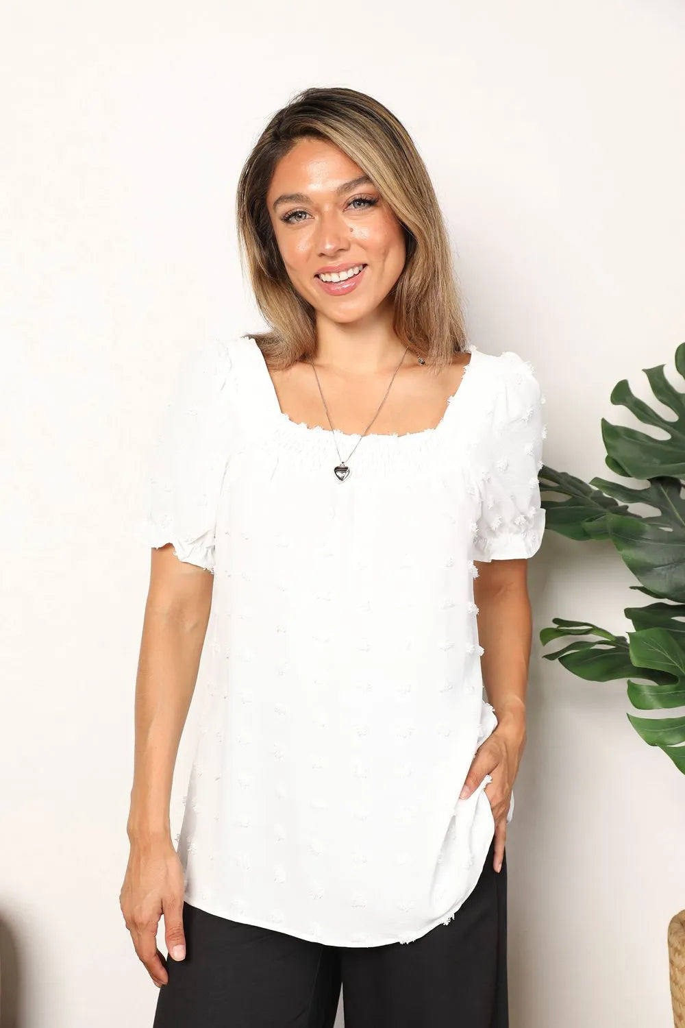 Mandy Swiss Dot Puff Sleeve Square Neck Blouse - White / S