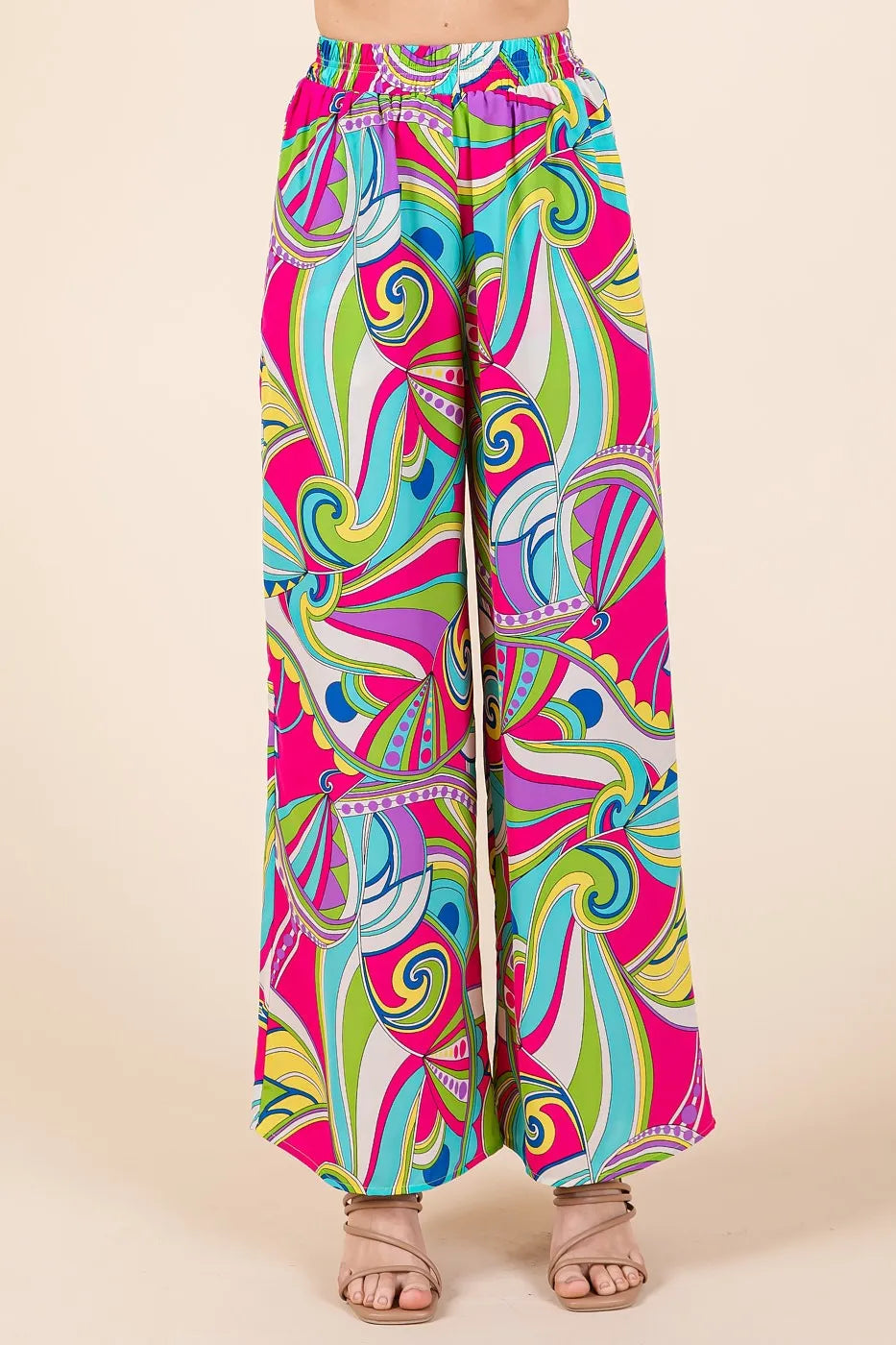 Mittoshop Abstract Print Elastic Waist Wide Leg Pants - FUCHSIA / S