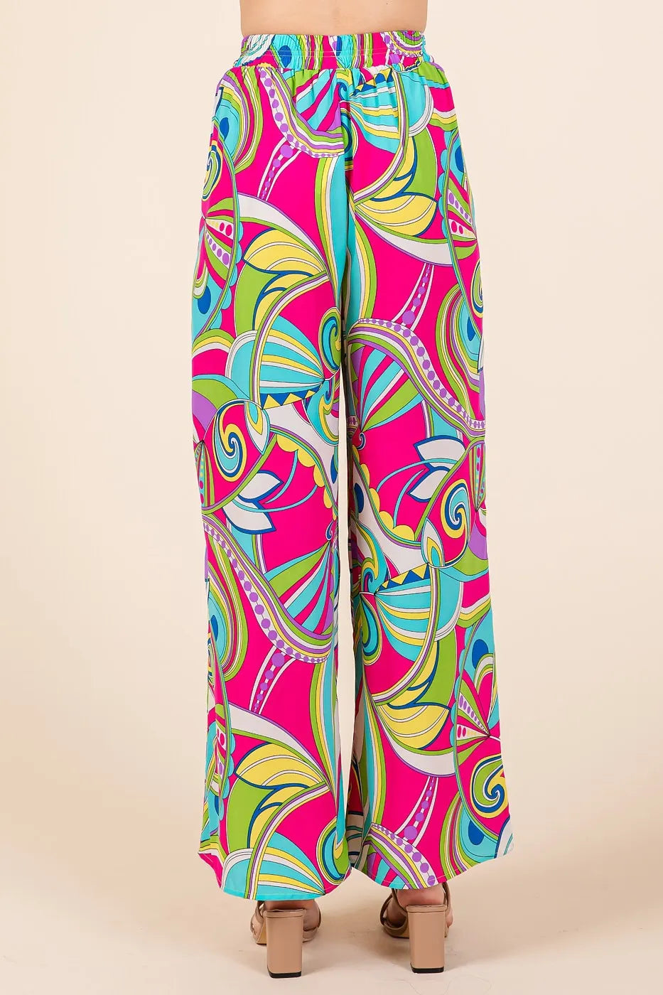 Mittoshop Abstract Print Elastic Waist Wide Leg Pants - FUCHSIA / S