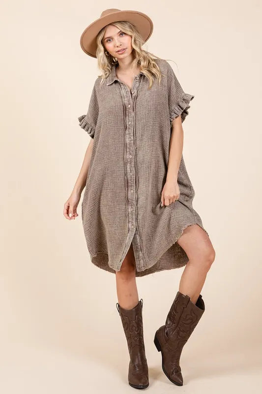 Mittoshop Mineral Wash Cotton Gauze Mini Shirt Dress - Toffee / S