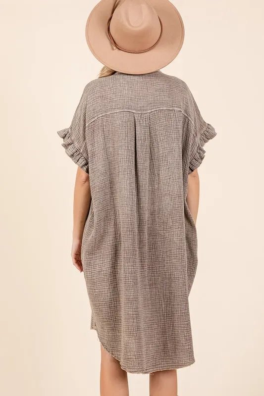 Mittoshop Mineral Wash Cotton Gauze Mini Shirt Dress - Toffee / S