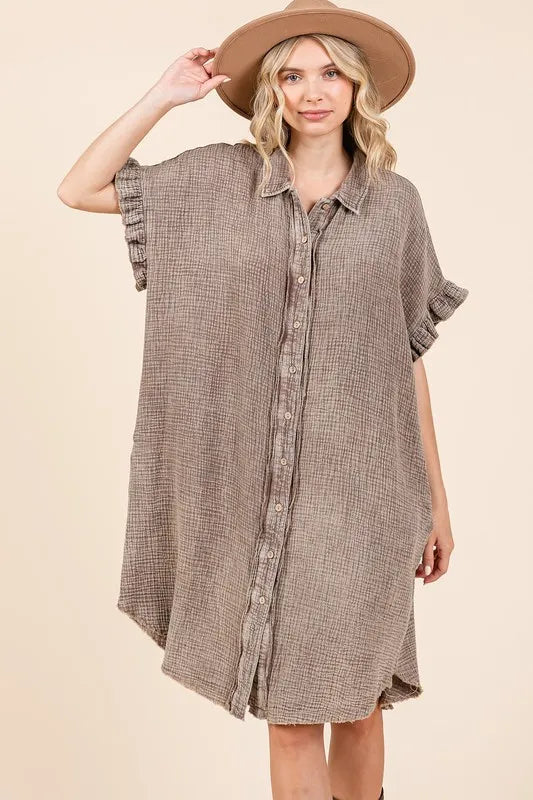 Mittoshop Mineral Wash Cotton Gauze Mini Shirt Dress - Toffee / S