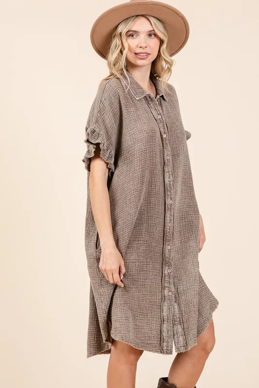 Mittoshop Mineral Wash Cotton Gauze Mini Shirt Dress - Toffee / S