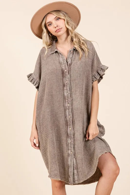 Mittoshop Mineral Wash Cotton Gauze Mini Shirt Dress - Toffee / S