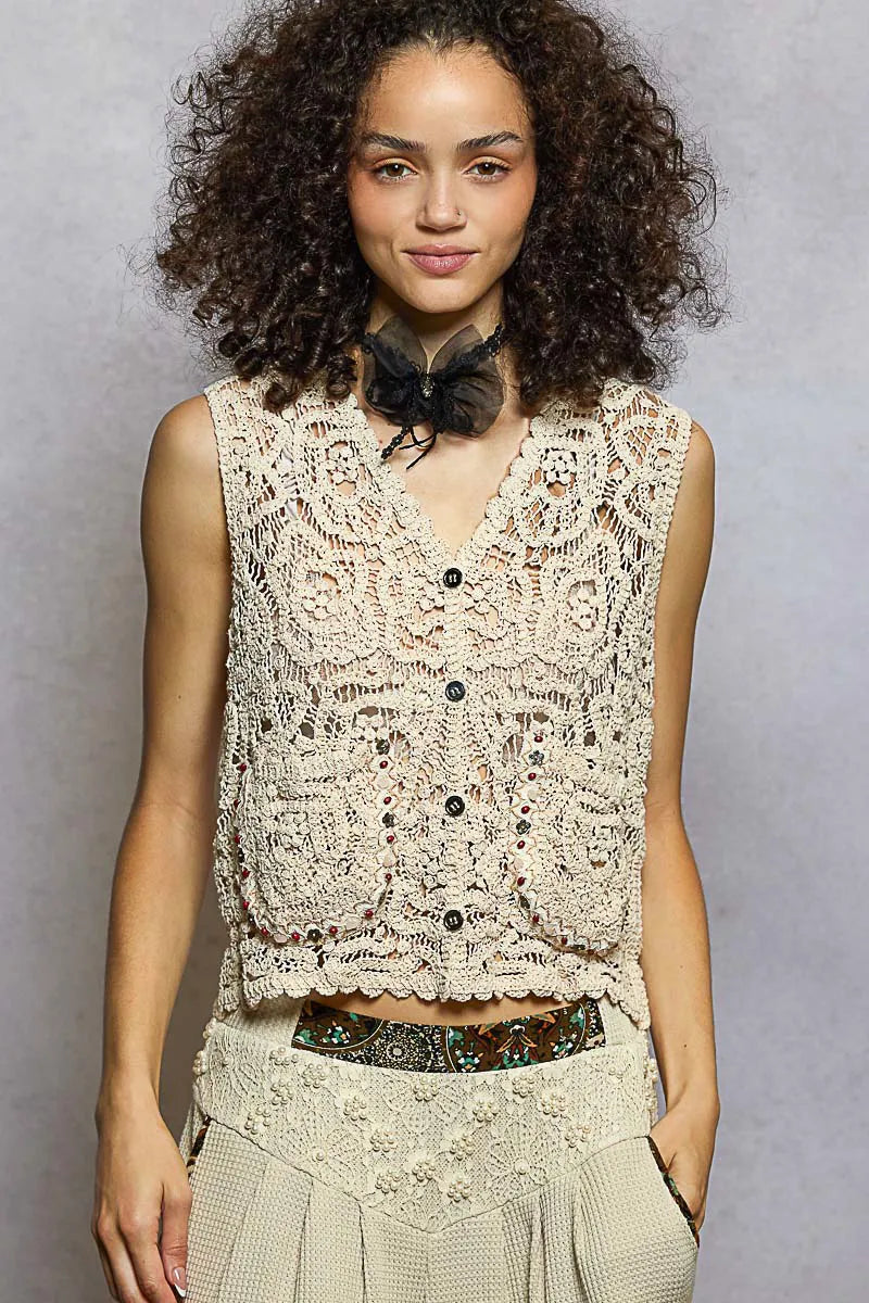 POL Button Down Cropped Crochet Vest with Scalloped Edge - NATURAL / One Size