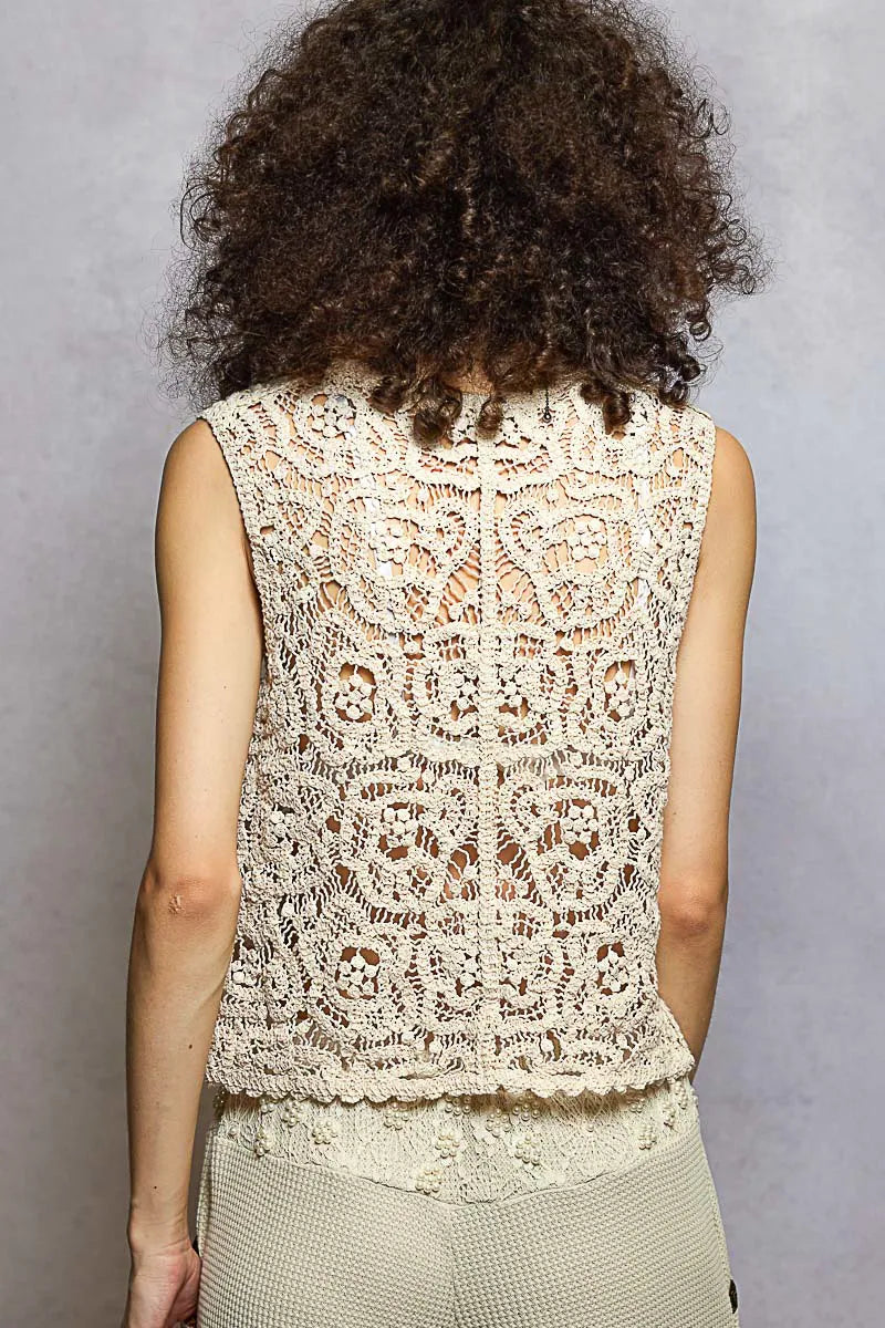 POL Button Down Cropped Crochet Vest with Scalloped Edge - NATURAL / One Size