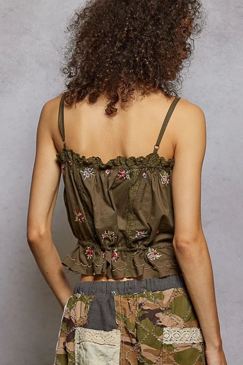 POL Button Down Floral Embroidered Cropped Cami with Lace Detail - Cacao - CACAO / S