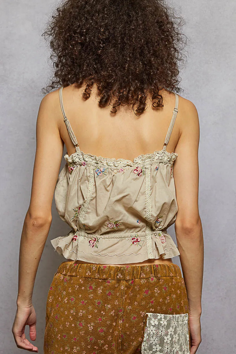 POL Button Down Floral Embroidered Cropped Cami with Lace Detail - Taupe - TAUPE / S