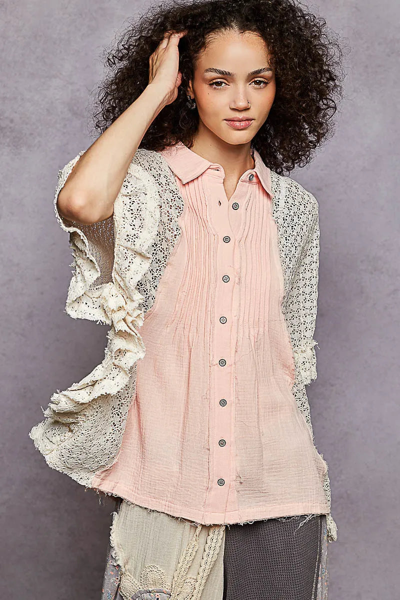 POL Button Down Front Pleated Shirt with Crochet Patch - BABY PINK / S